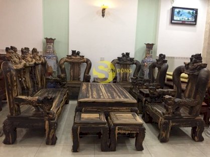 Bộ bàn ghế gỗ mun chạm kỳ lân cột 16 10 món-BBG203