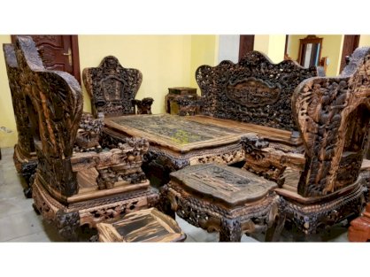 Bộ bàn ghế Cửu Long Bát Mã gỗ mun, đoản dài 2,6m-BBG370