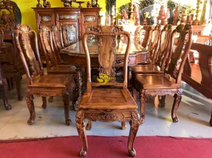 Bộ bàn ăn gỗ cẩm lai ovan lượn 10 ghế – BBA159