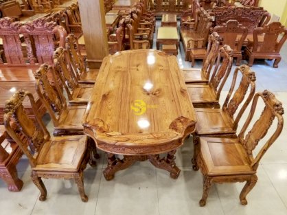 Bộ bàn ăn bàn ovan lượn, 8 ghế chạm đào, tựa lục bình gỗ cẩm lai VN siêu vip – BBA159B