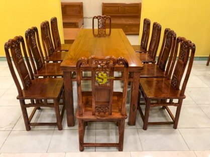 Bộ bàn ăn cẩm lai 10 ghế triện bàn vuông – BBA42410V