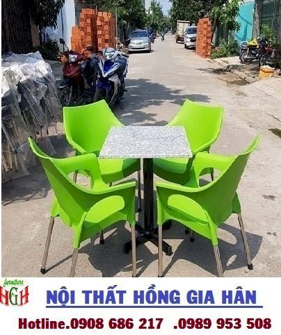 Bàn ghế caffe nhựa đúc xanh lá bền đẹp HGH599