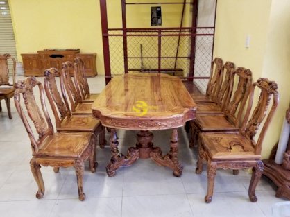 Bộ bàn ăn bàn ovan lượn, 8 ghế chạm đào, tựa lục bình gỗ cẩm lai VN siêu vip - Sơn Đông