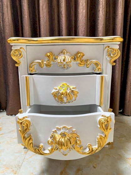Tủ đầu giường Hoàng gia cổ điển sơn trắng dát vàng VIP