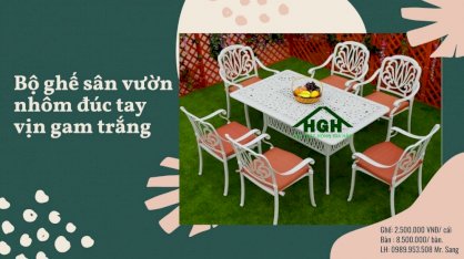 Bộ bàn ghế sân vườn nhôm đúc tay vịn gam trắng Hồng Gia Hân Lux004