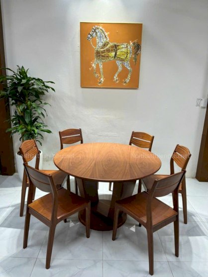 Bộ bàn ghế ăn gỗ sồi, mặt bàn tròn D120 kèm 6 ghế ăn