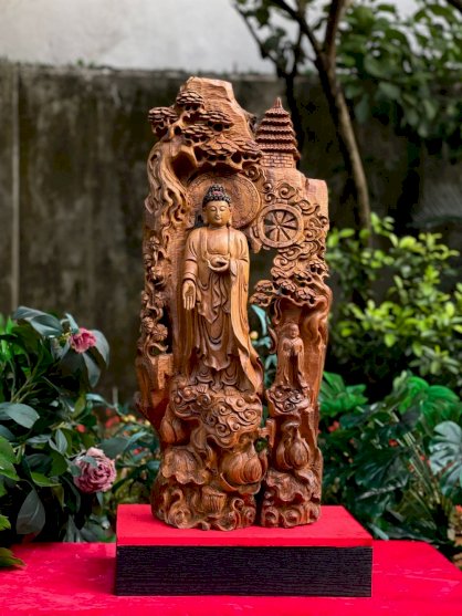 Tượng gỗ Bái Phật trên nền gỗ lũa _ Mỹ nghệ Âu Lạc