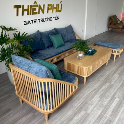 Bộ sofa phòng khách Dedar KBH gỗ tần bì màu tự nhiên bọc nỉ kèm bàn trà cánh lùa