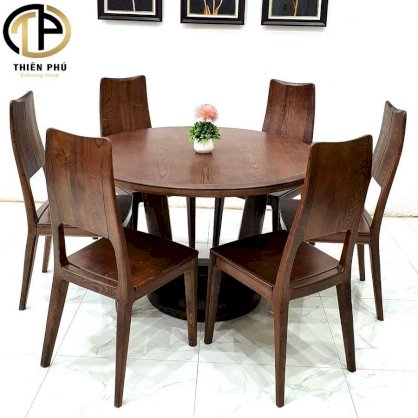 Bộ bàn ăn mặt gỗ tròn 6 ghế gỗ Sồi thiên phú Furniture