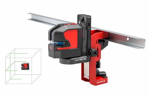 Leica Lino L2G green cross line laser attached with adapter TWIST 250 and UAL 130 to a metal U-profile