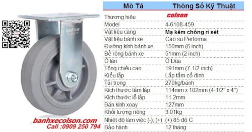 Thông số bánh xe đẩy cao su đặc 150 (6 inch) cố định Colson 4-6108-459 banhxecolson.com