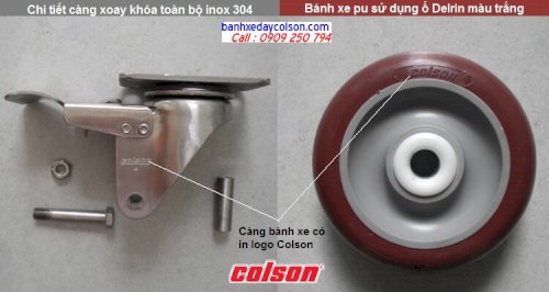 Chi tiết càng bánh xe đẩy pu có khóa inox 304 banhxedaycolson.com