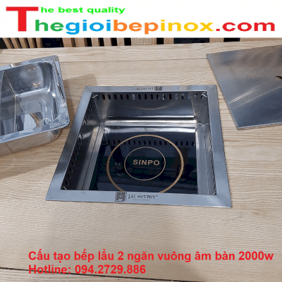 Cấu tạo bếp lẩu 2 ngăn vuông âm bàn 2000w