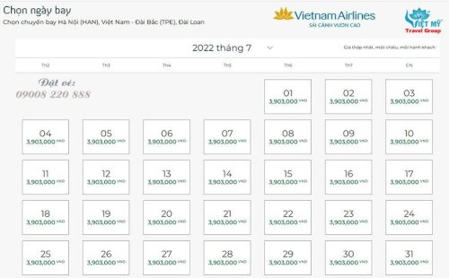 Giá vé từ Hà Nội đi Đài Bắc hãng Vietnam Airlines