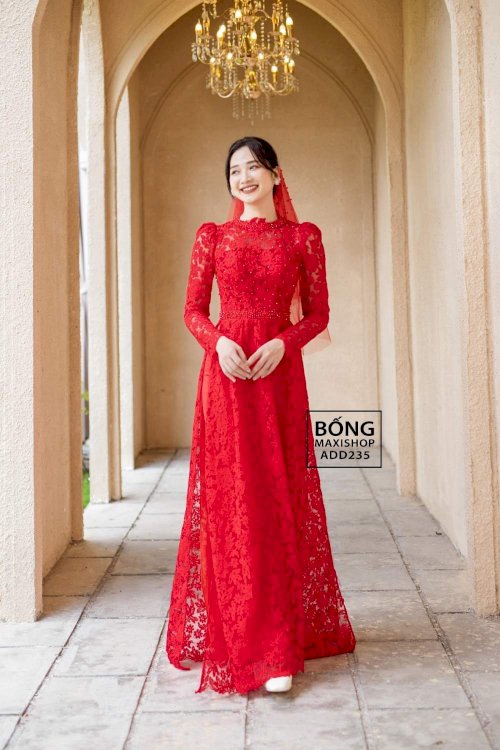 Áo dài cưới đỏ ren lưng cài ngọc trai ADD235 mang vẻ đẹp quý phái
