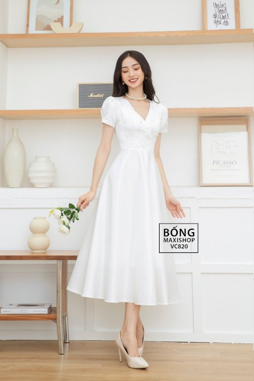 Váy cưới đẹp 2022 dáng ngắn - Váy cưới phi nhật trắng kết ngọc chùm VC820