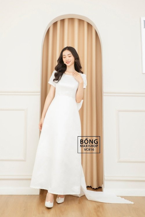 Váy cưới đẹp 2022 dáng ngắn - Váy cưới phi nhật trắng suông cổ thuyền kèm nơ sau VC816