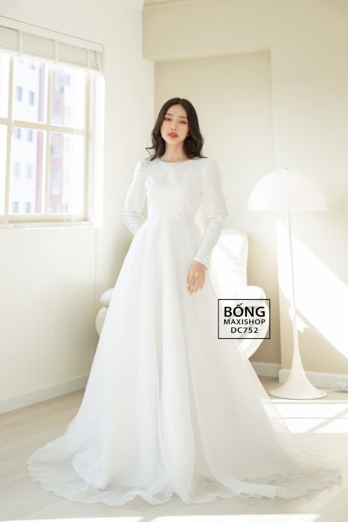 Váy cưới dài tay phi nhật trắng phối voan xốp tay hàng nút DC752