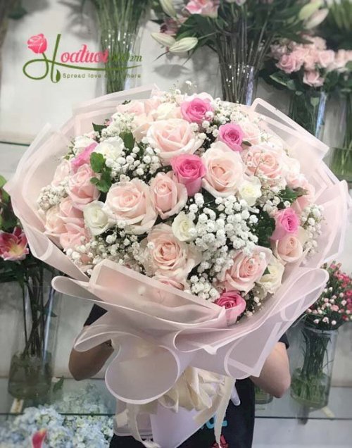 Bó hoa hồng trắng kết hợp tuyệt đẹp